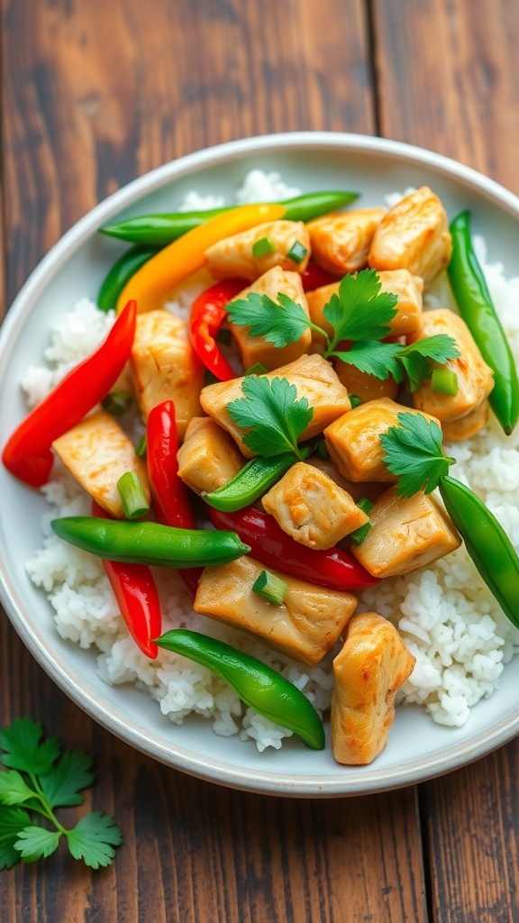 Lemongrass Chicken Stir-Fry Recipe Lemongrass chicken stir-fry with bell peppers and snap peas served over rice, garnished with cilantro.